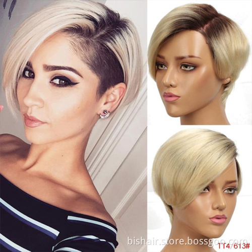 Wholesale Short Straight Lace Side Part Pixie Bob Human Hair Wig For Women With Brazilian Remy Ombre Blonde Colore Wigs